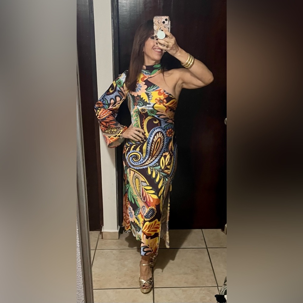 Zara Vibrant Multicolor Paisley One-Shoulder Dress